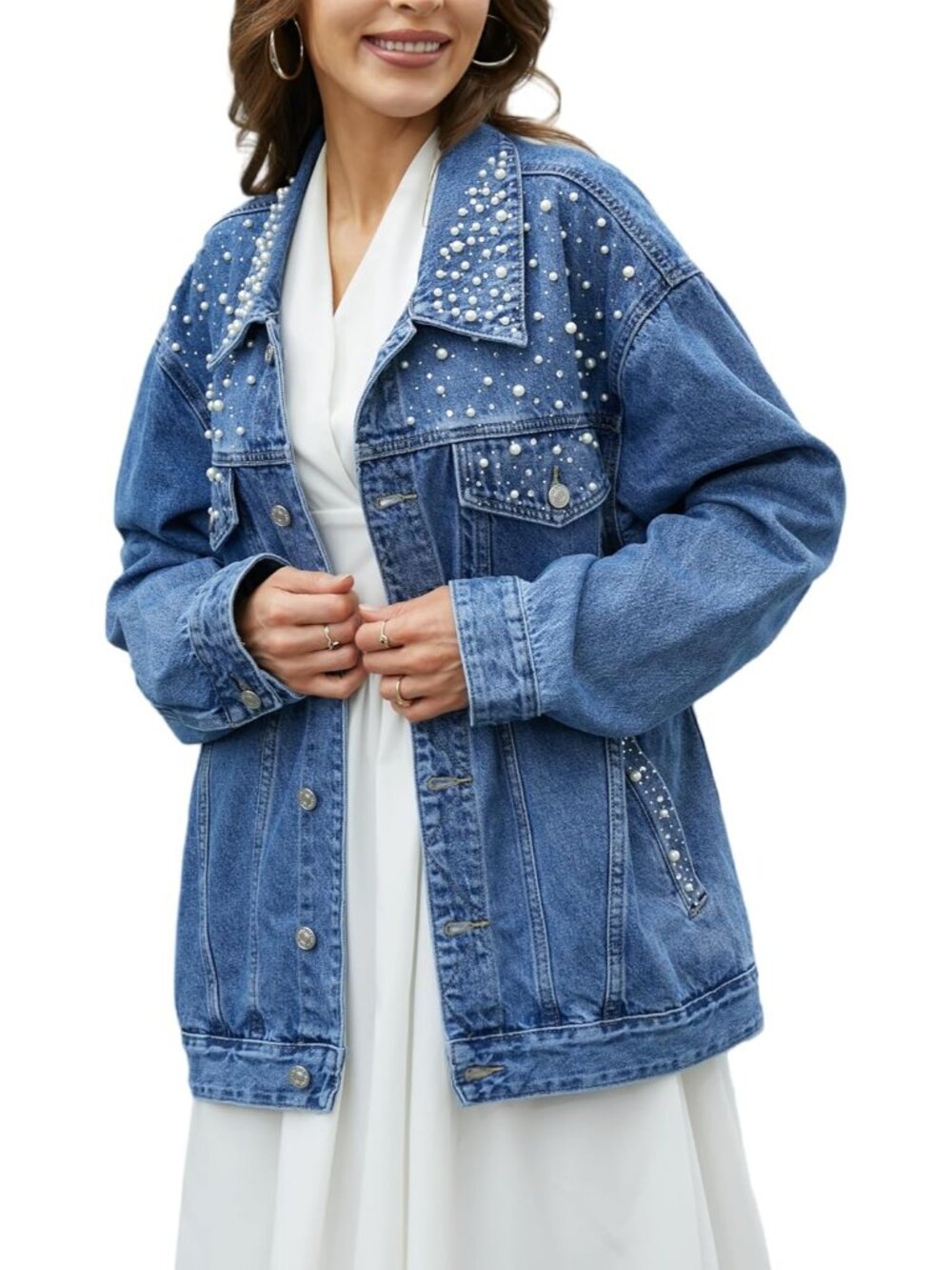 Women's Blue Long Oversize Comfort Denim Jean Jackets Trendy Trucker Coats